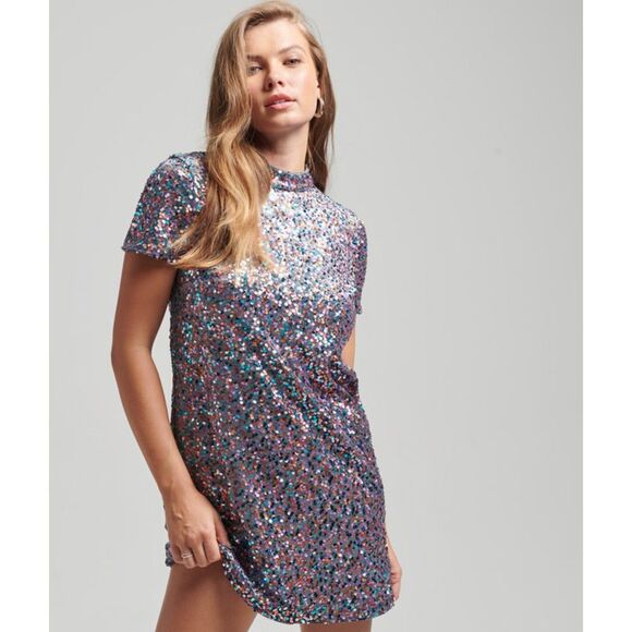 Superdry High Neck Sequin T-Shirt Dress Size 6 NWT - Picture 1 of 12